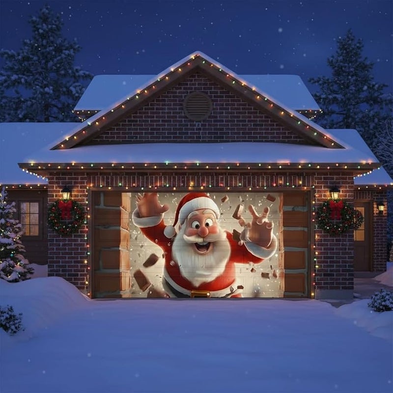 Christmas Garage Door Cover 240x180cm 3D Santa Claus Brick Wall Banner Indoor Outdoor Decor - Image 1